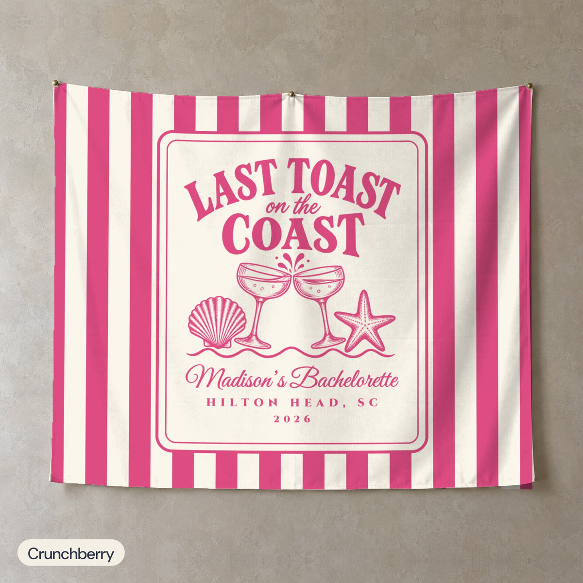 Last Toast On The Coast personalized wall tapestry, Crunchberry stripes, landscape