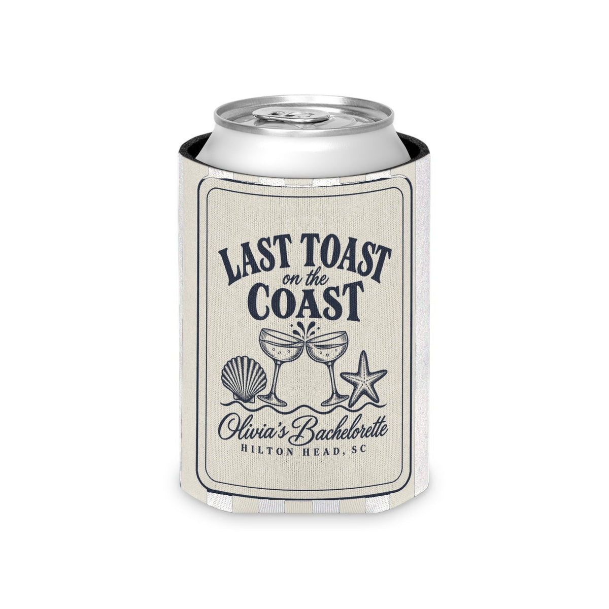 Last Toast On The Coast can cooler, Regular, Bride: white stripes with the design in navy