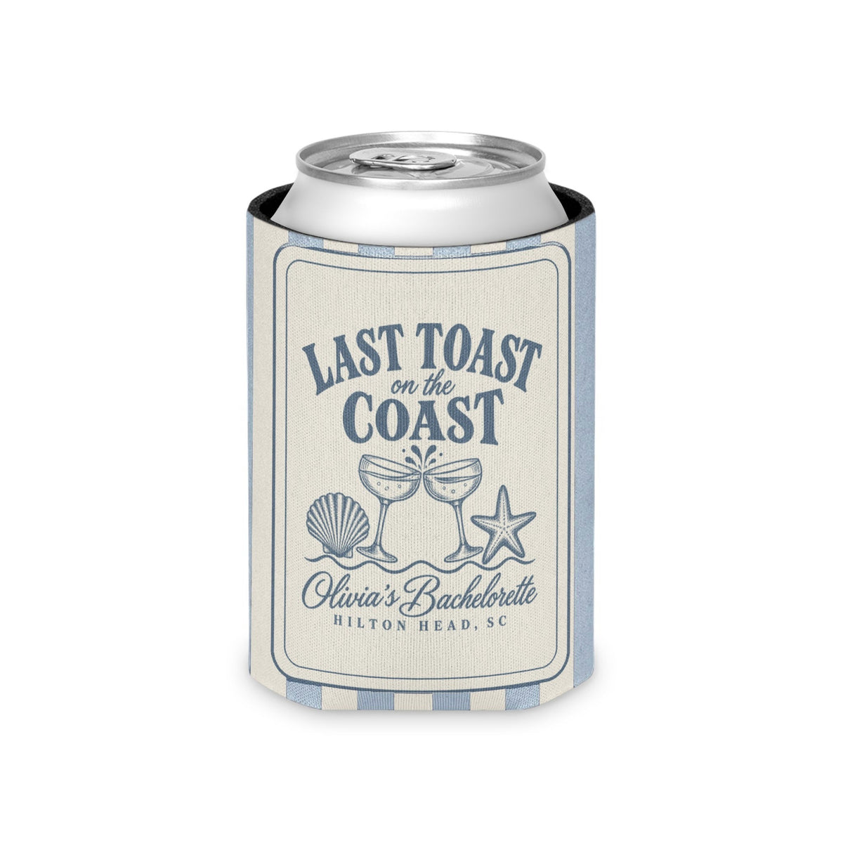 Last Toast On The Coast can cooler, Regular, Chambray stripes