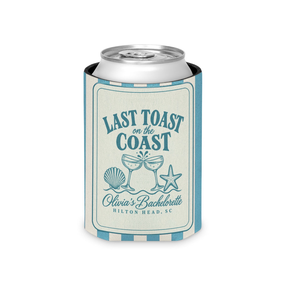 Last Toast On The Coast can cooler, Regular, Lagoon Blue stripes