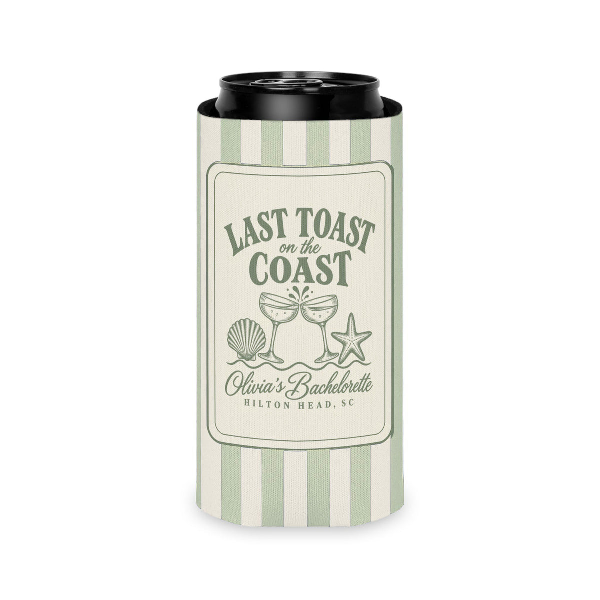 Last Toast On The Coast can cooler, Slim, Bay stripes