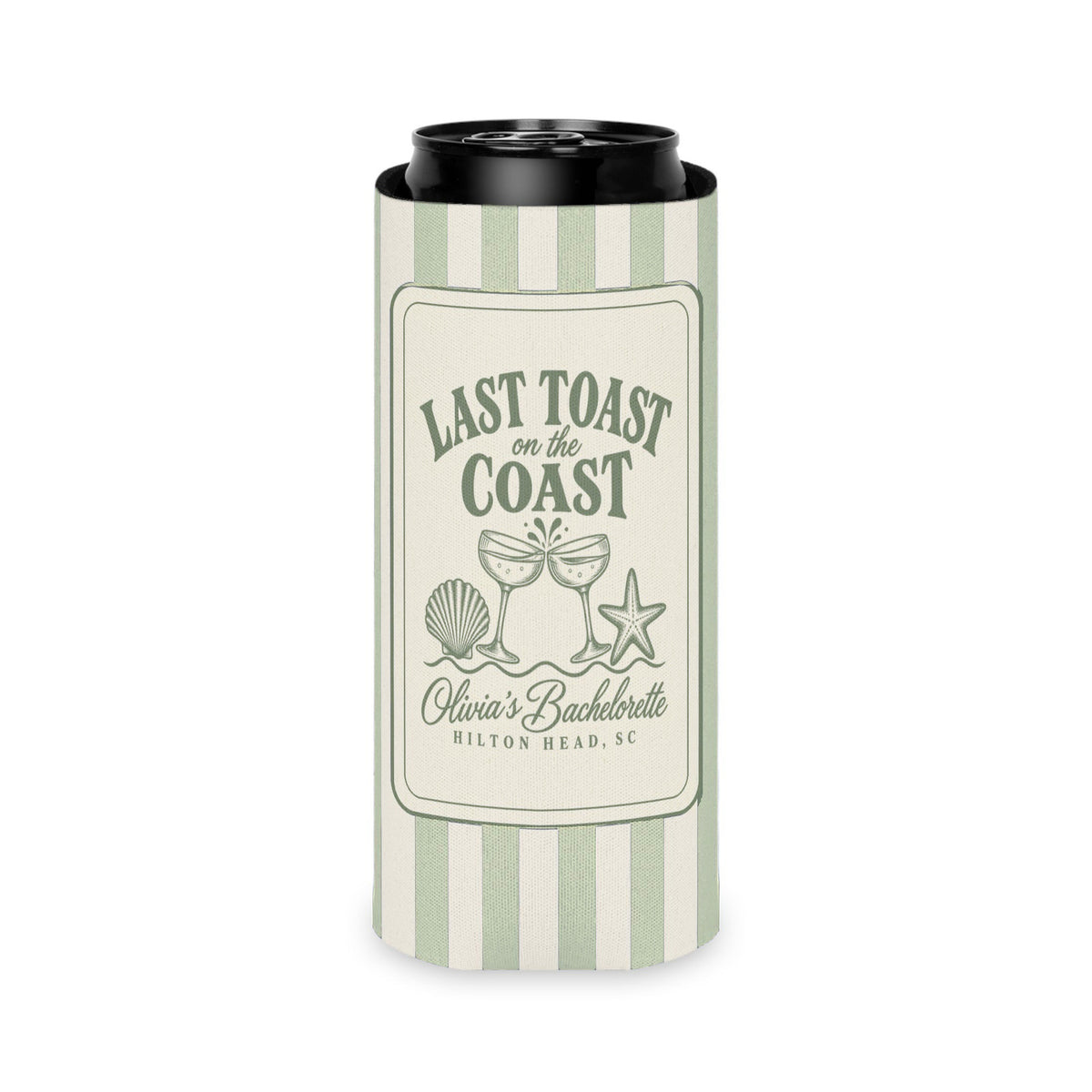 Last Toast On The Coast can cooler, Slim, Bay stripes
