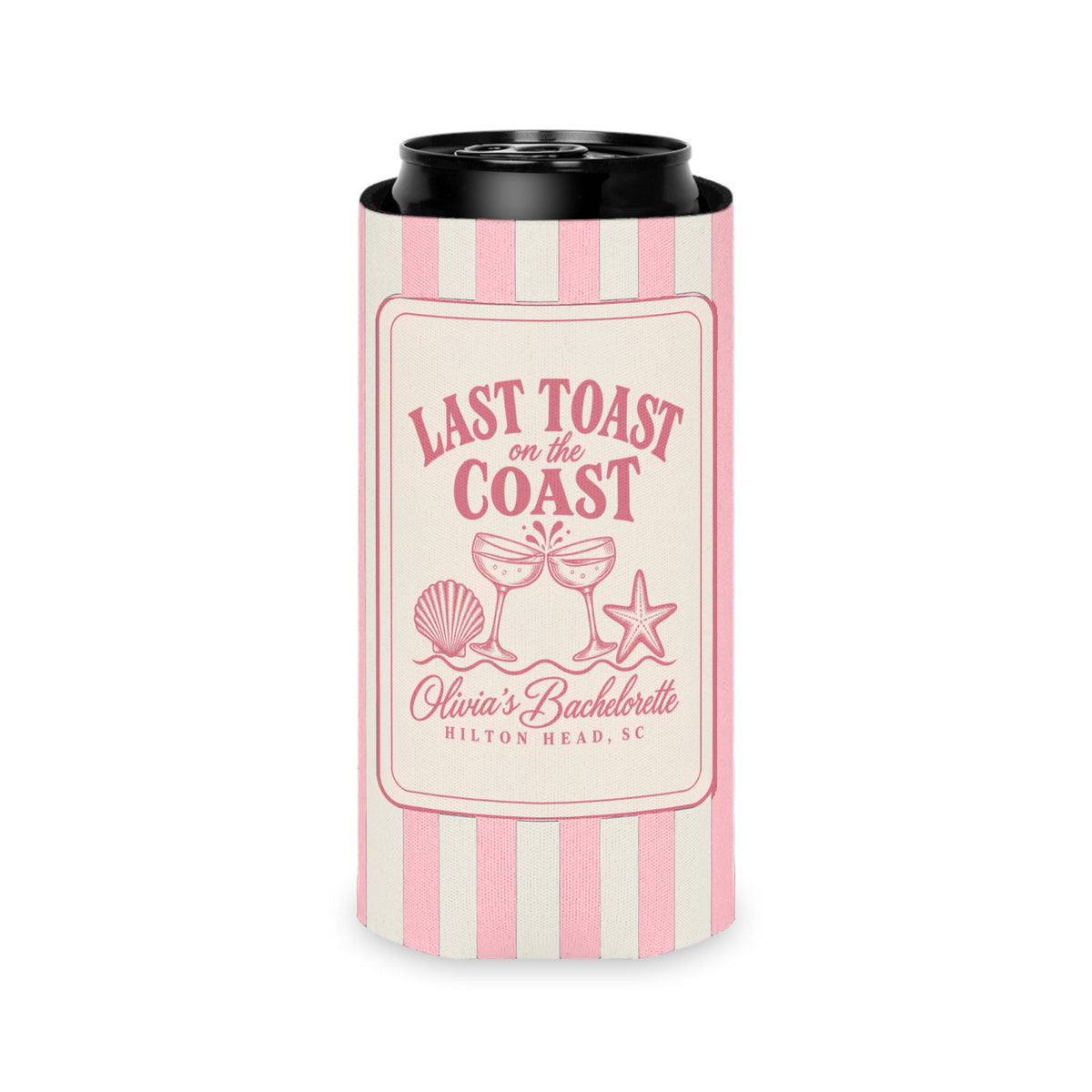Last Toast On The Coast can cooler, Slim, Blossom stripes