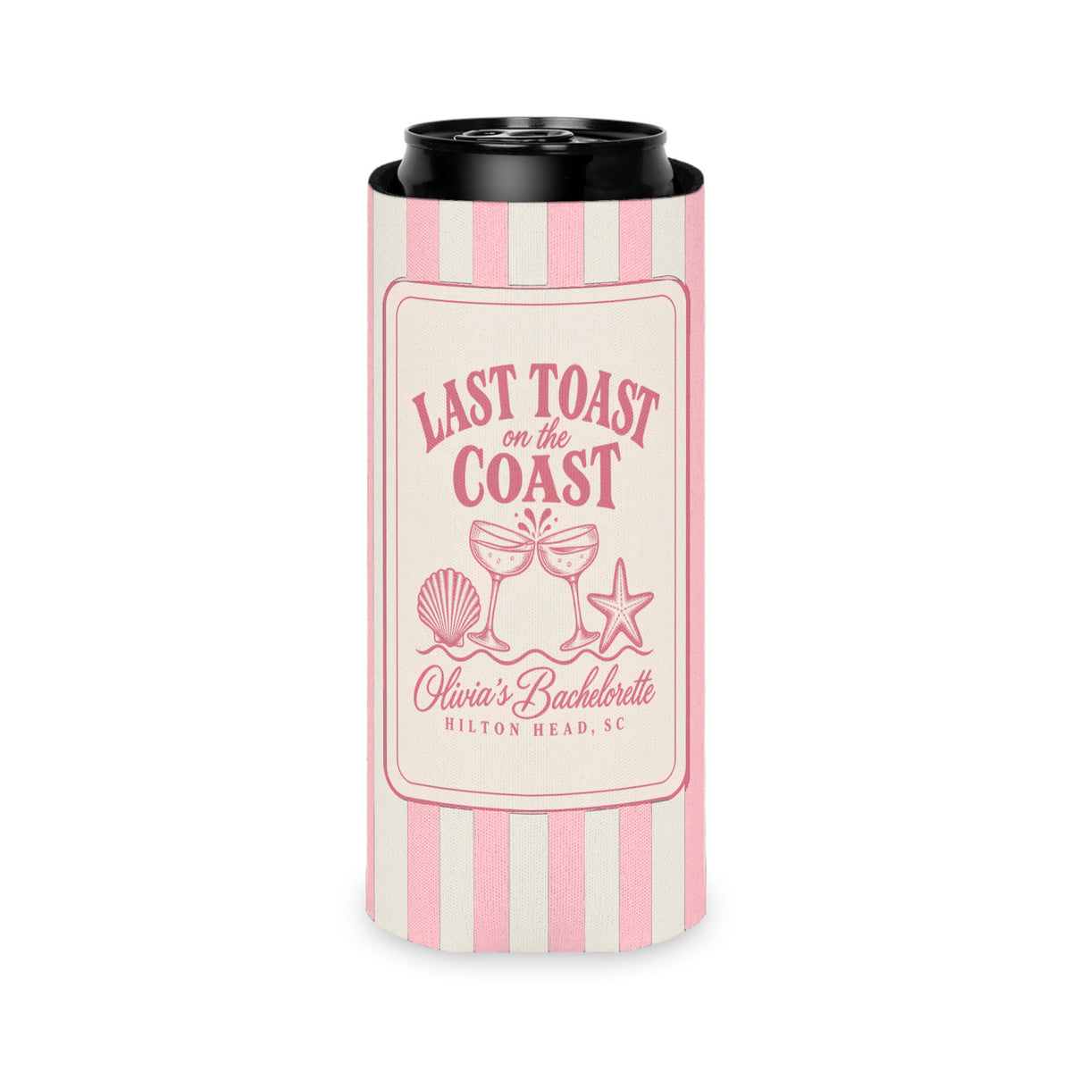 Last Toast On The Coast can cooler, Slim, Blossom stripes