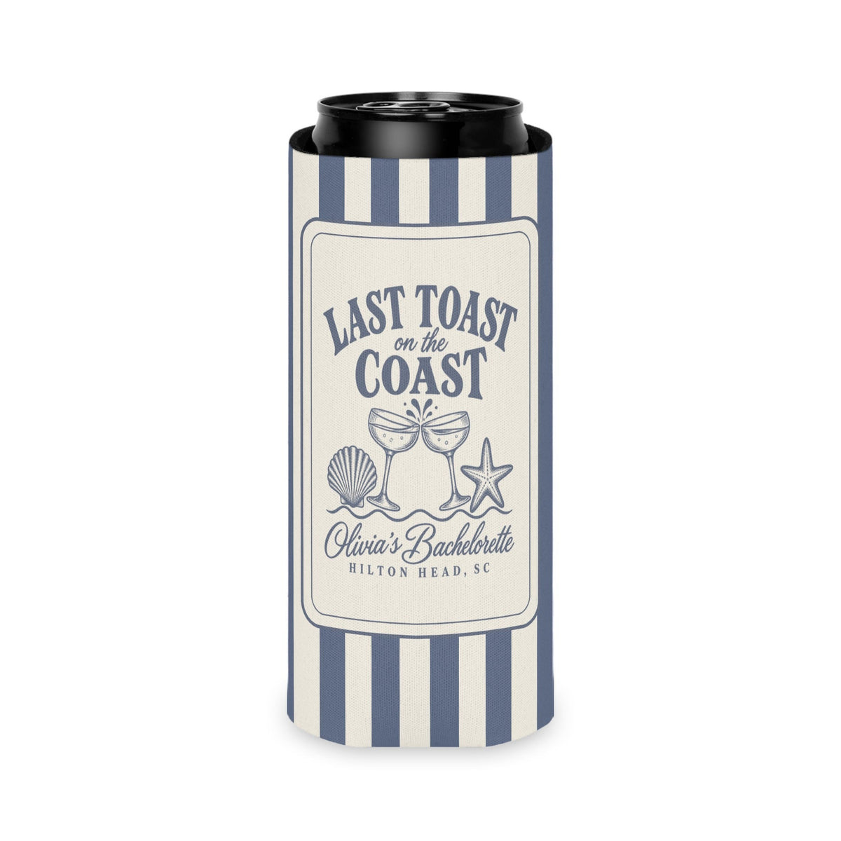 Last Toast On The Coast can cooler, Slim, Blue Jean stripes