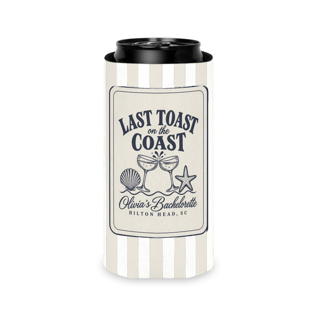 Last Toast On The Coast can cooler, Slim, Bride: white stripes with the design in navy