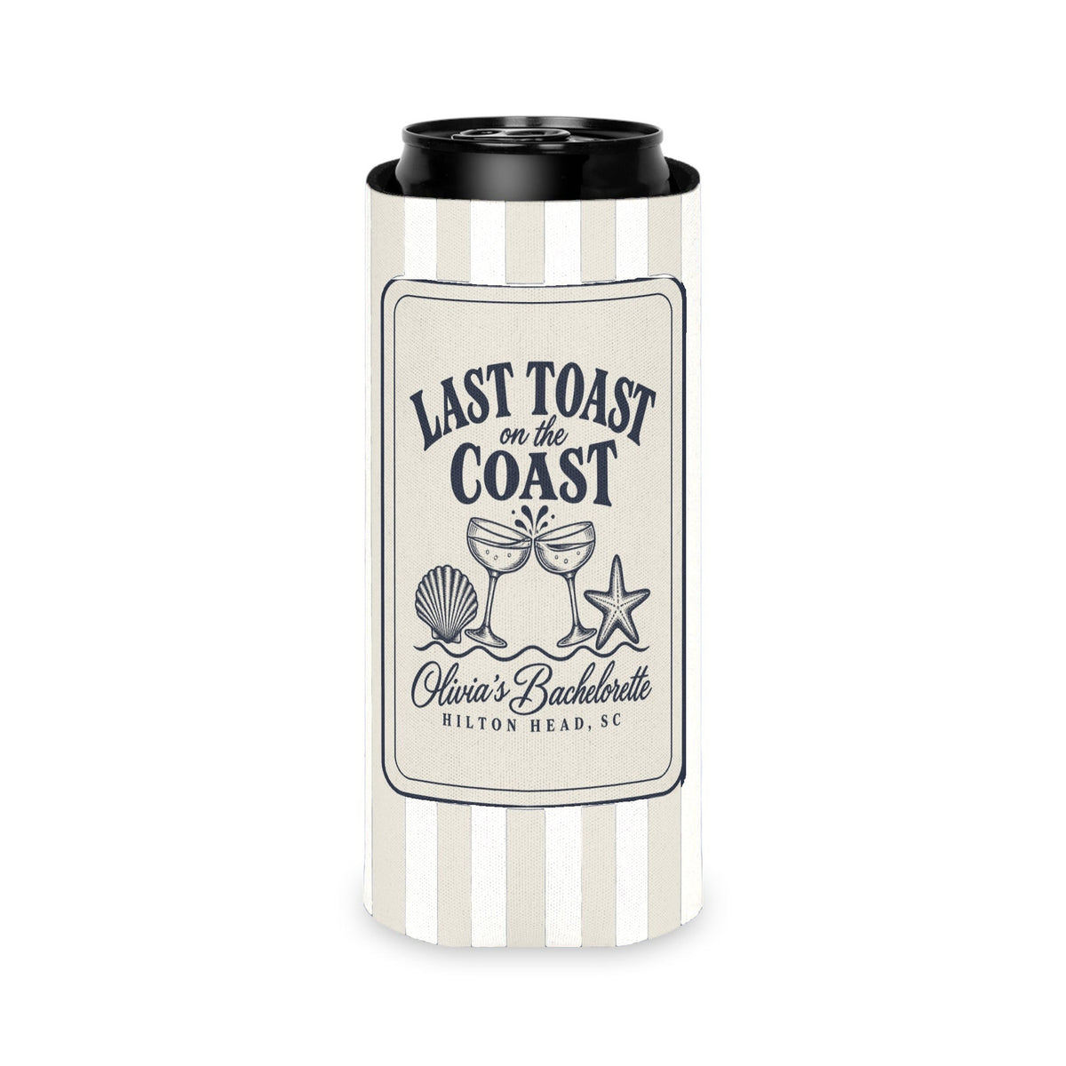 Last Toast On The Coast can cooler, Slim, Bride: white stripes with the design in navy