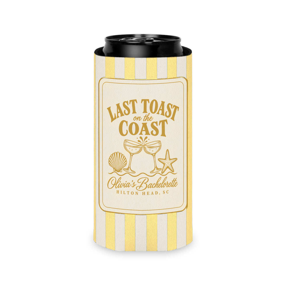 Last Toast On The Coast can cooler, Slim, Butter stripes