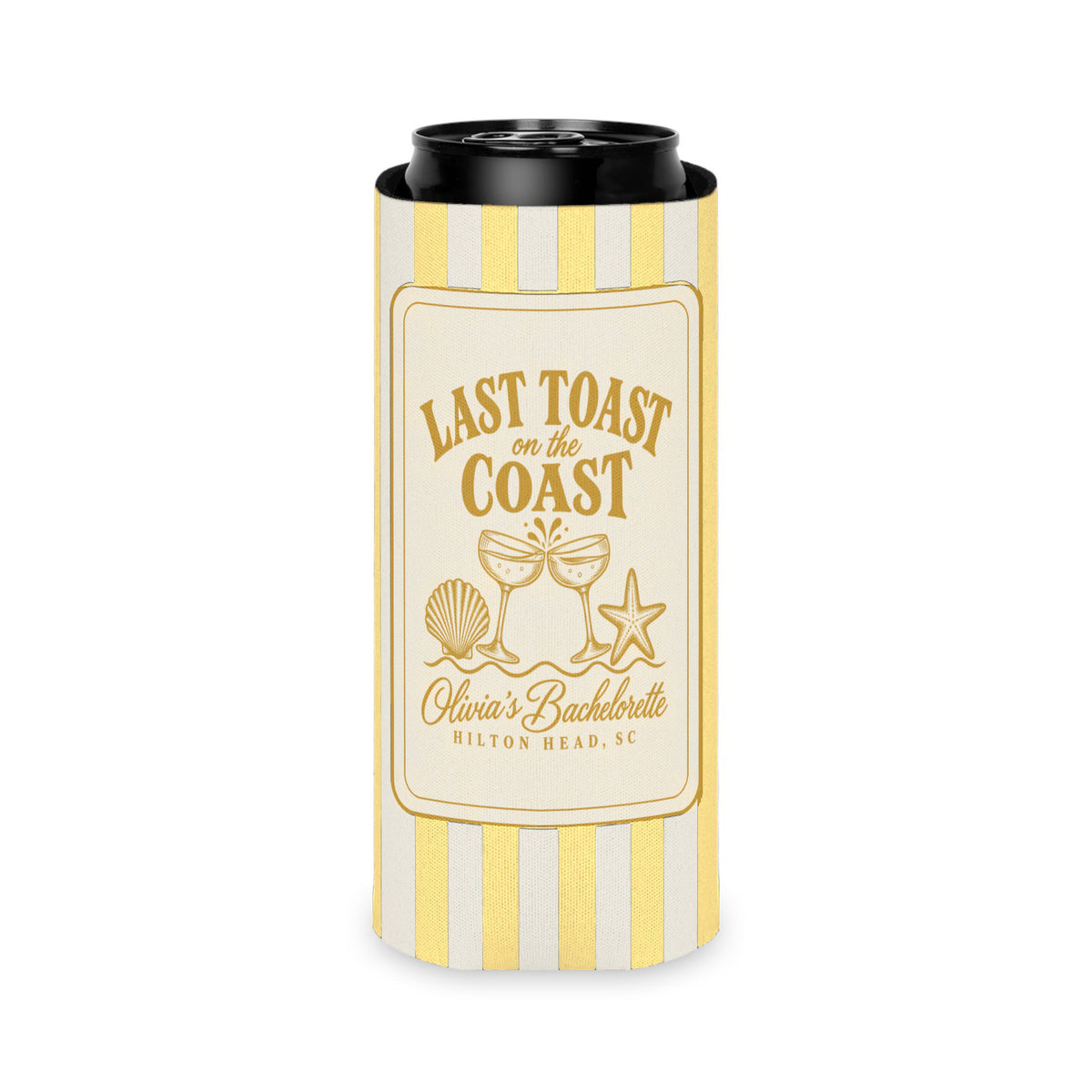 Last Toast On The Coast can cooler, Slim, Butter stripes