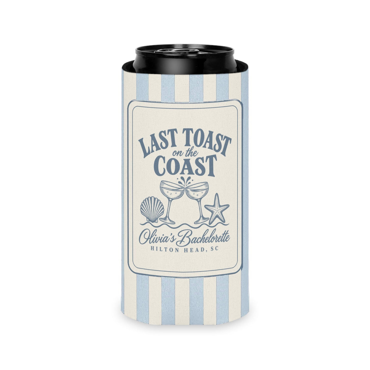 Last Toast On The Coast can cooler, Slim, Chambray stripes