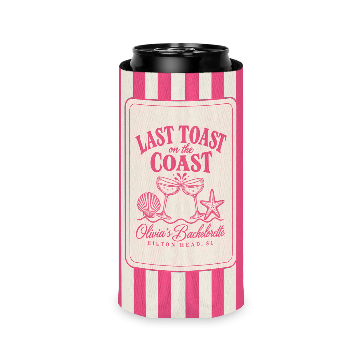 Last Toast On The Coast can cooler, Slim, Crunchberry stripes