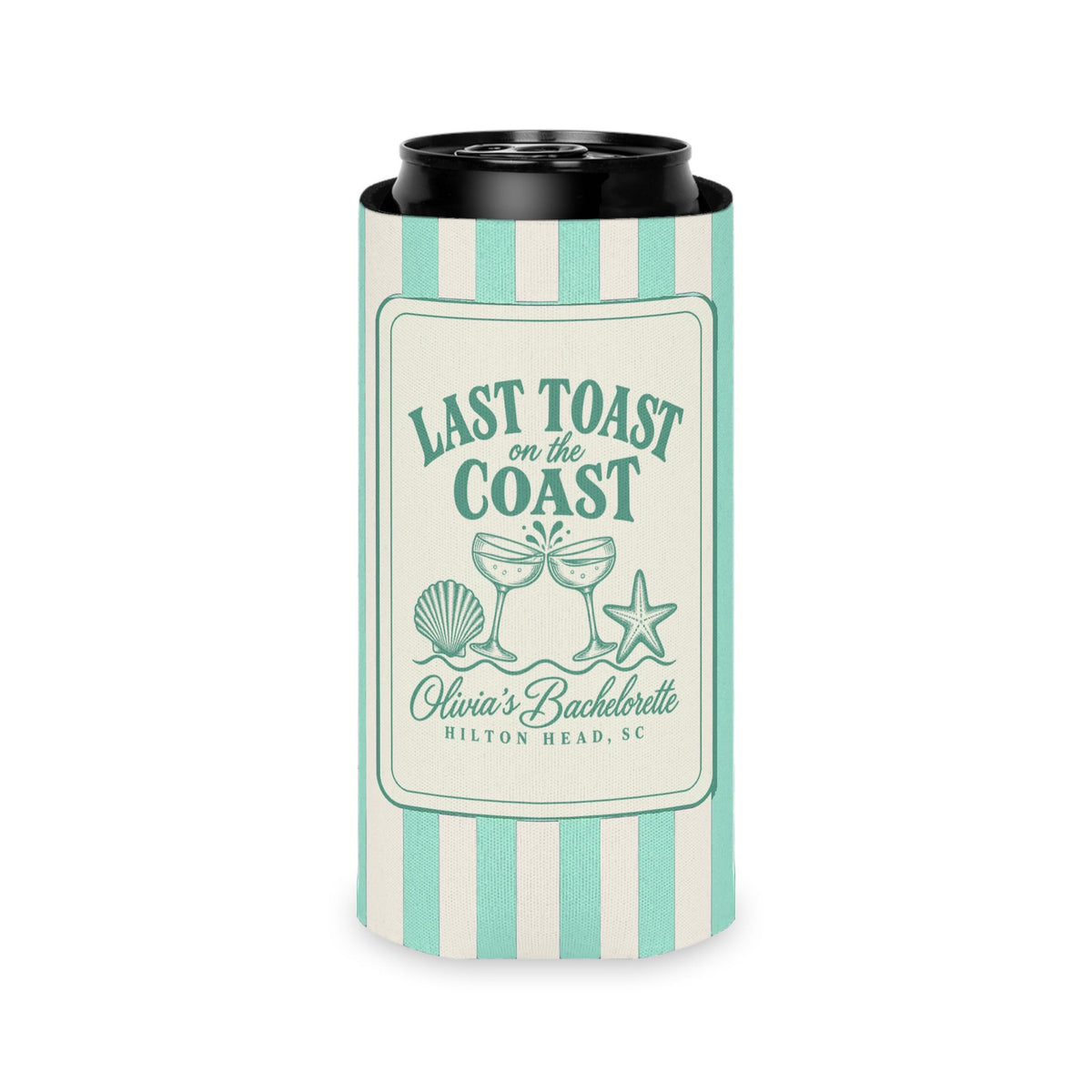 Last Toast On The Coast can cooler, Slim, Island Reef stripes