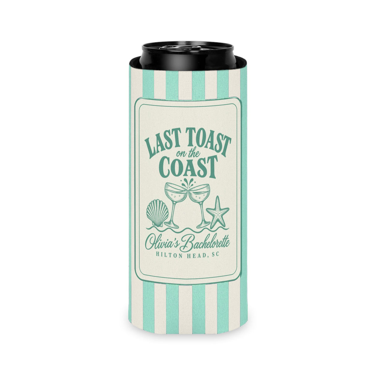 Last Toast On The Coast can cooler, Slim, Island Reef stripes