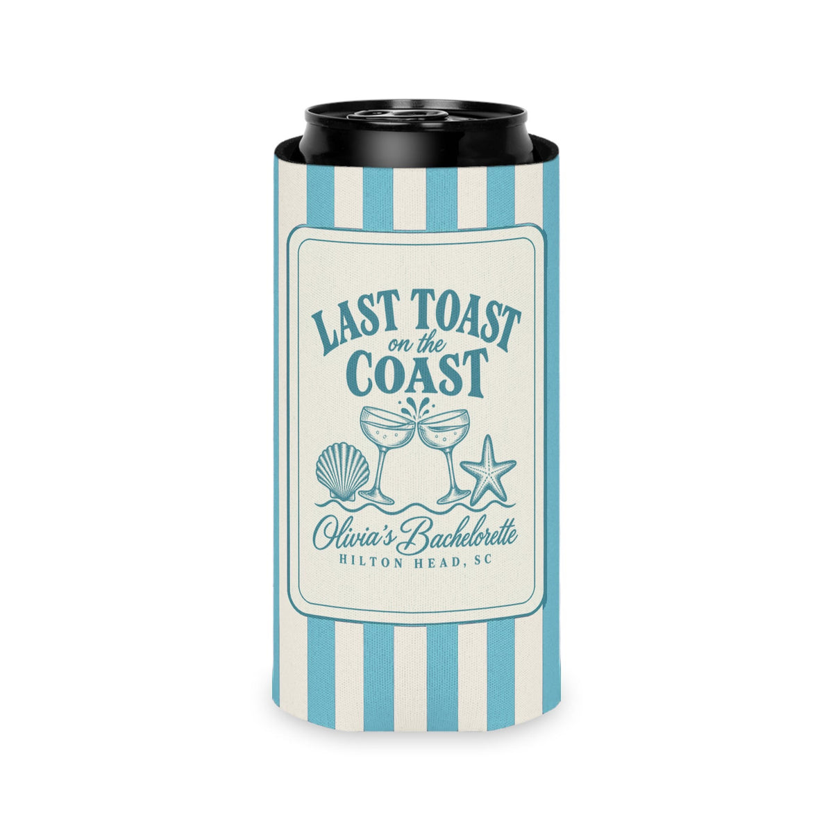 Last Toast On The Coast can cooler, Slim, Lagoon Blue stripes