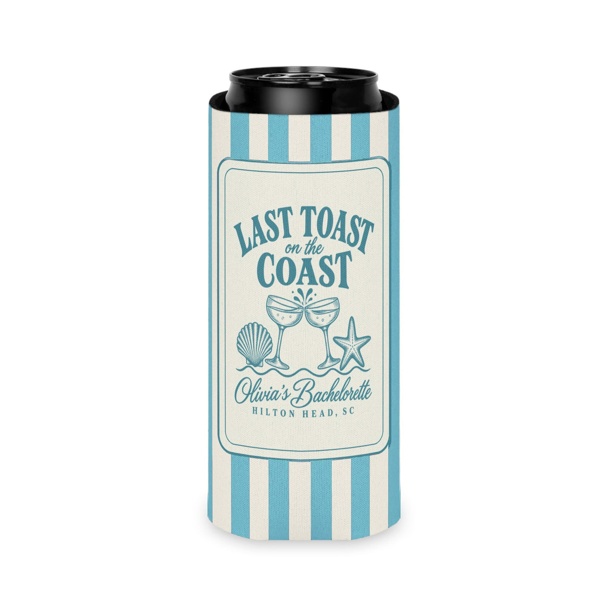 Last Toast On The Coast can cooler, Slim, Lagoon Blue stripes