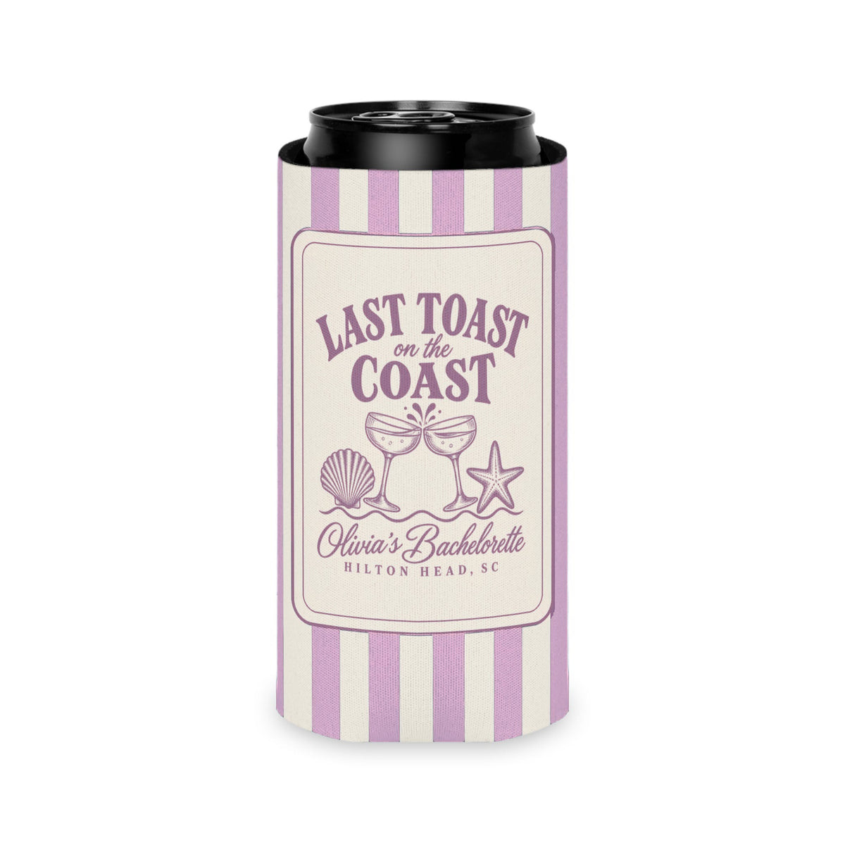 Last Toast On The Coast can cooler, Slim, Orchid stripes