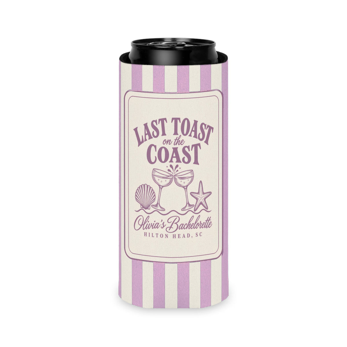Last Toast On The Coast can cooler, Slim, Orchid stripes