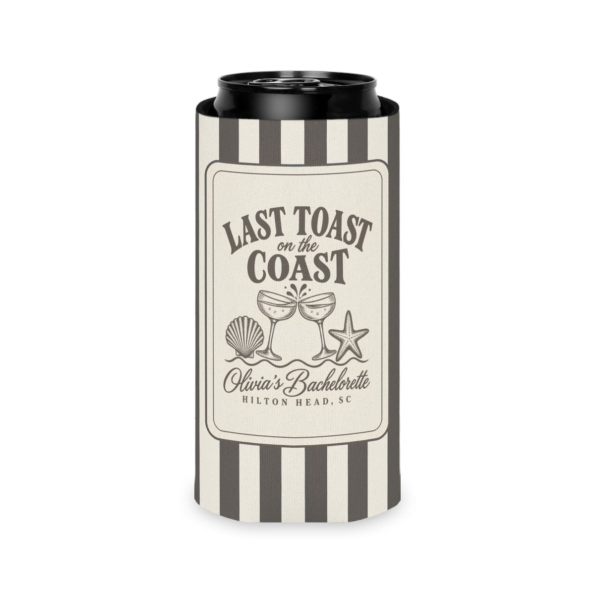 Last Toast On The Coast can cooler, Slim, Pepper stripes