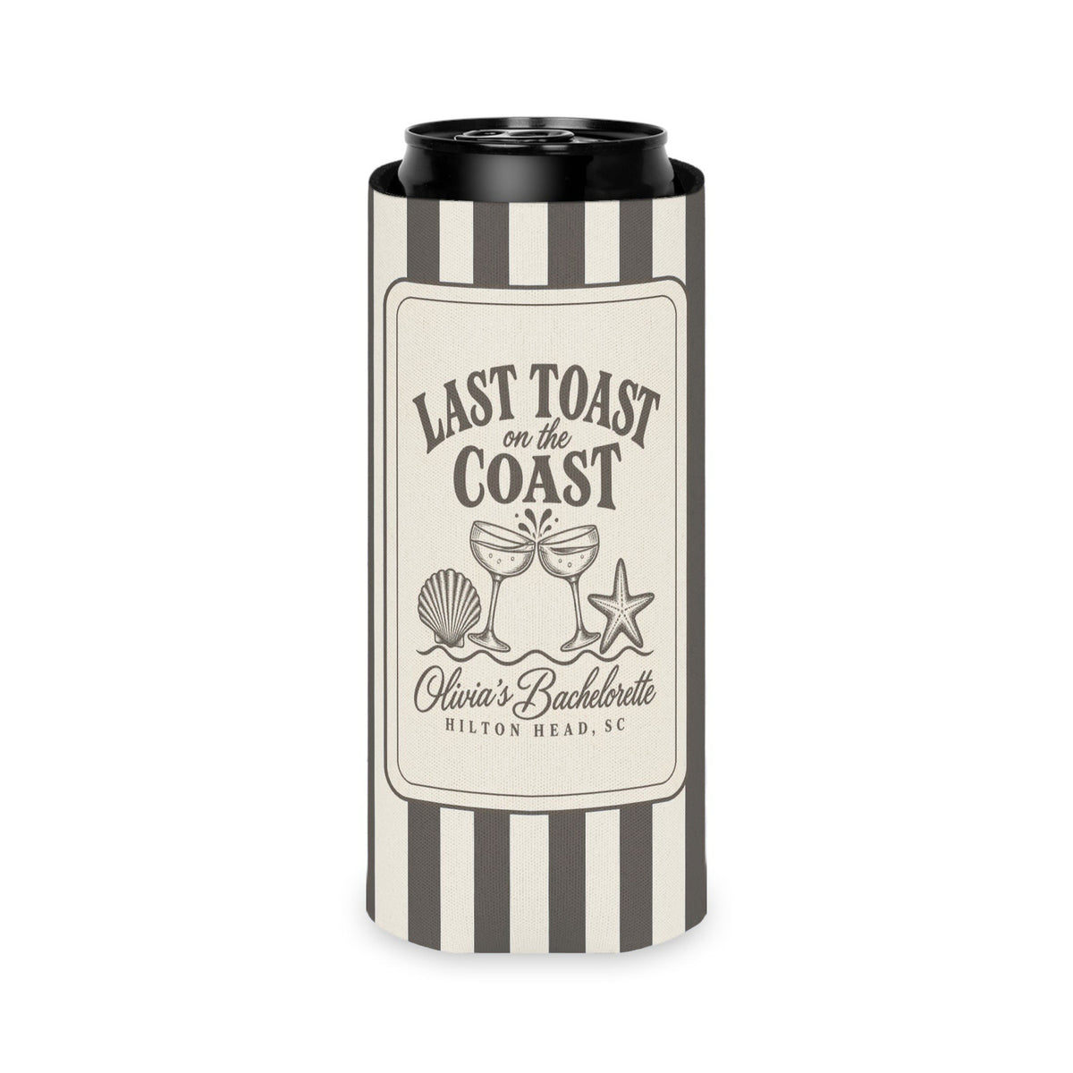 Last Toast On The Coast can cooler, Slim, Pepper stripes