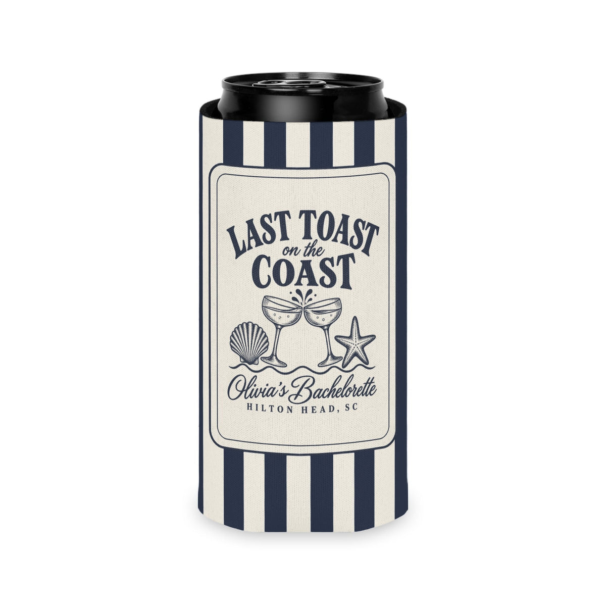 Last Toast On The Coast can cooler, Slim, True Navy stripes