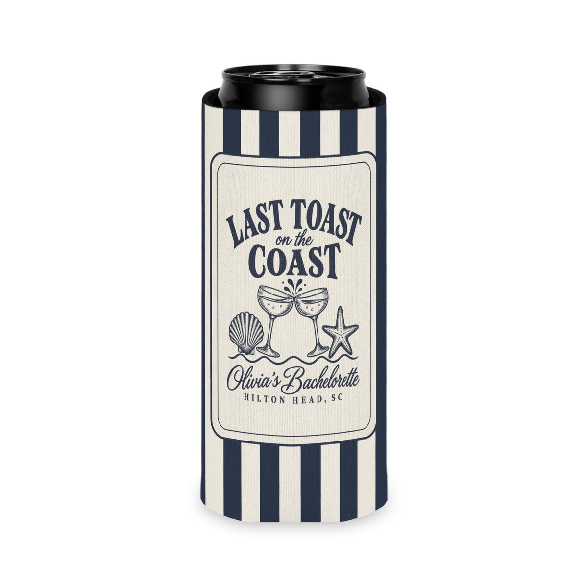 Last Toast On The Coast can cooler, Slim, True Navy stripes