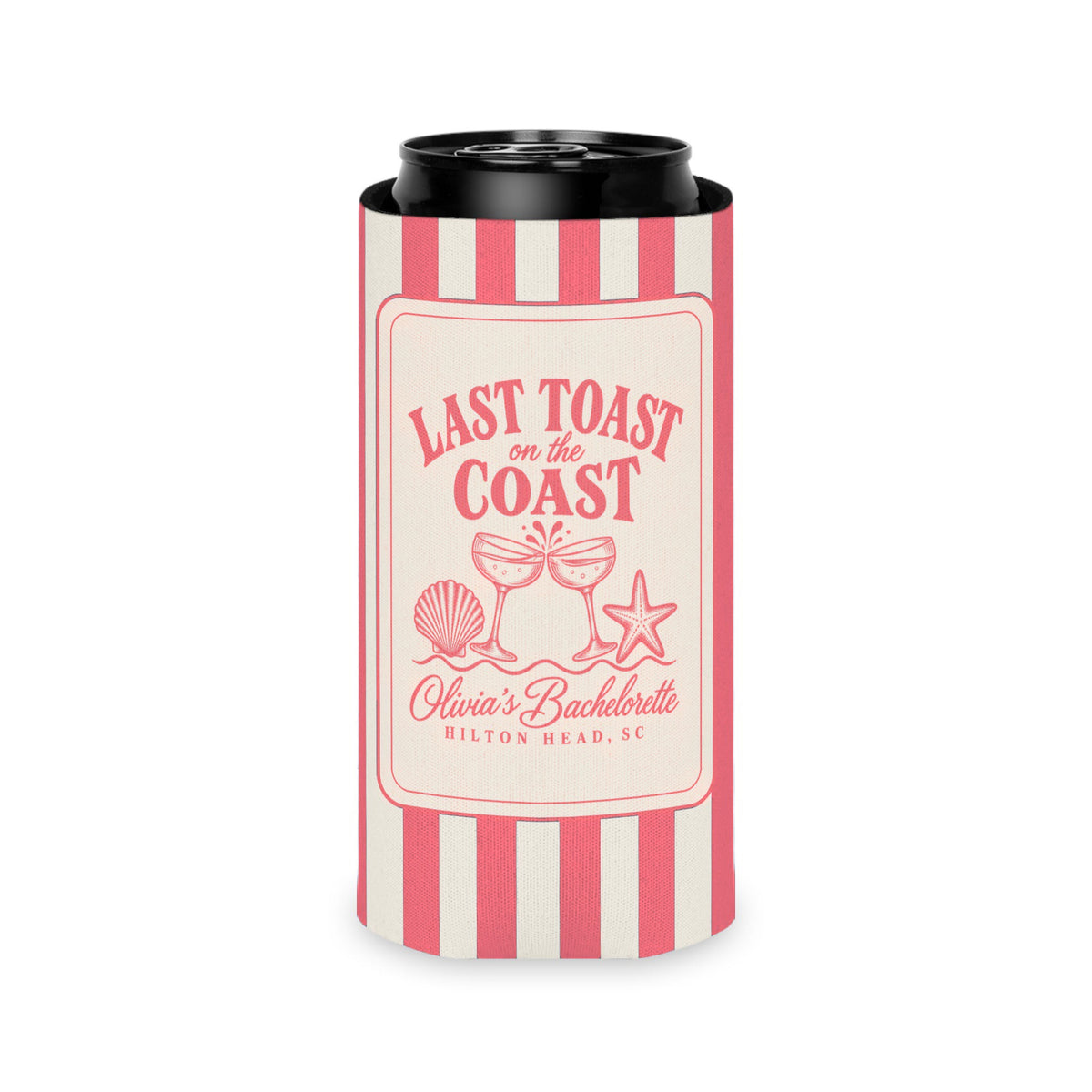 Last Toast On The Coast can cooler, Slim, Watermelon stripes