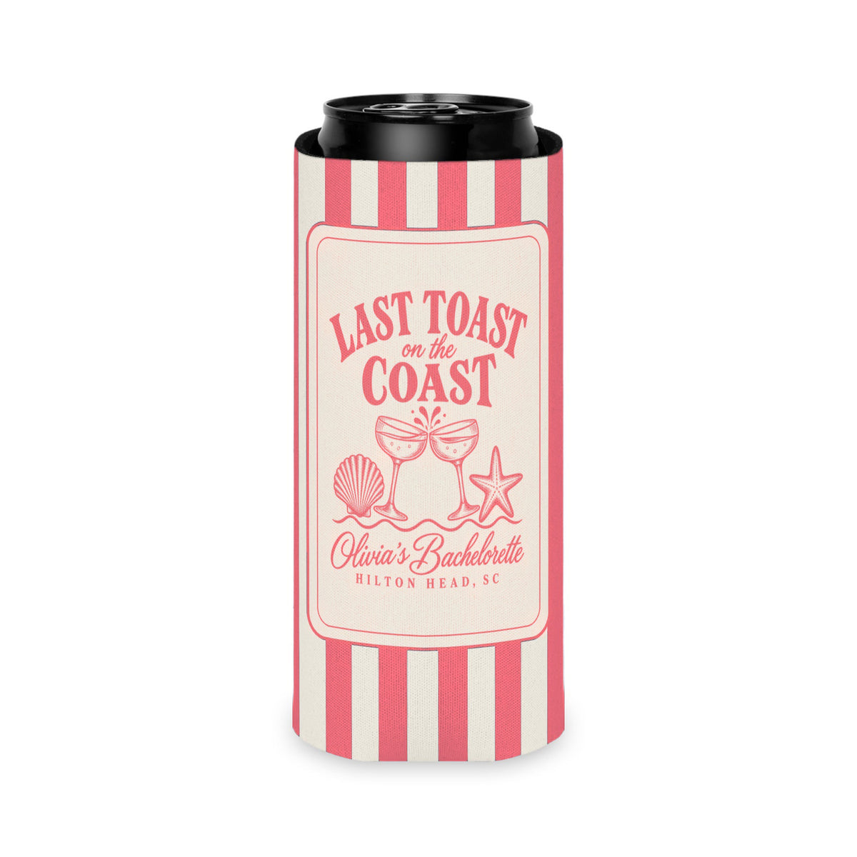 Last Toast On The Coast can cooler, Slim, Watermelon stripes
