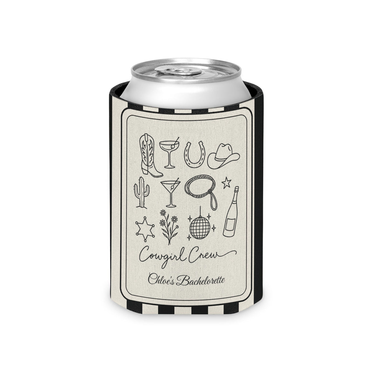 Cowgirl Bride & Crew striped can cooler, Black