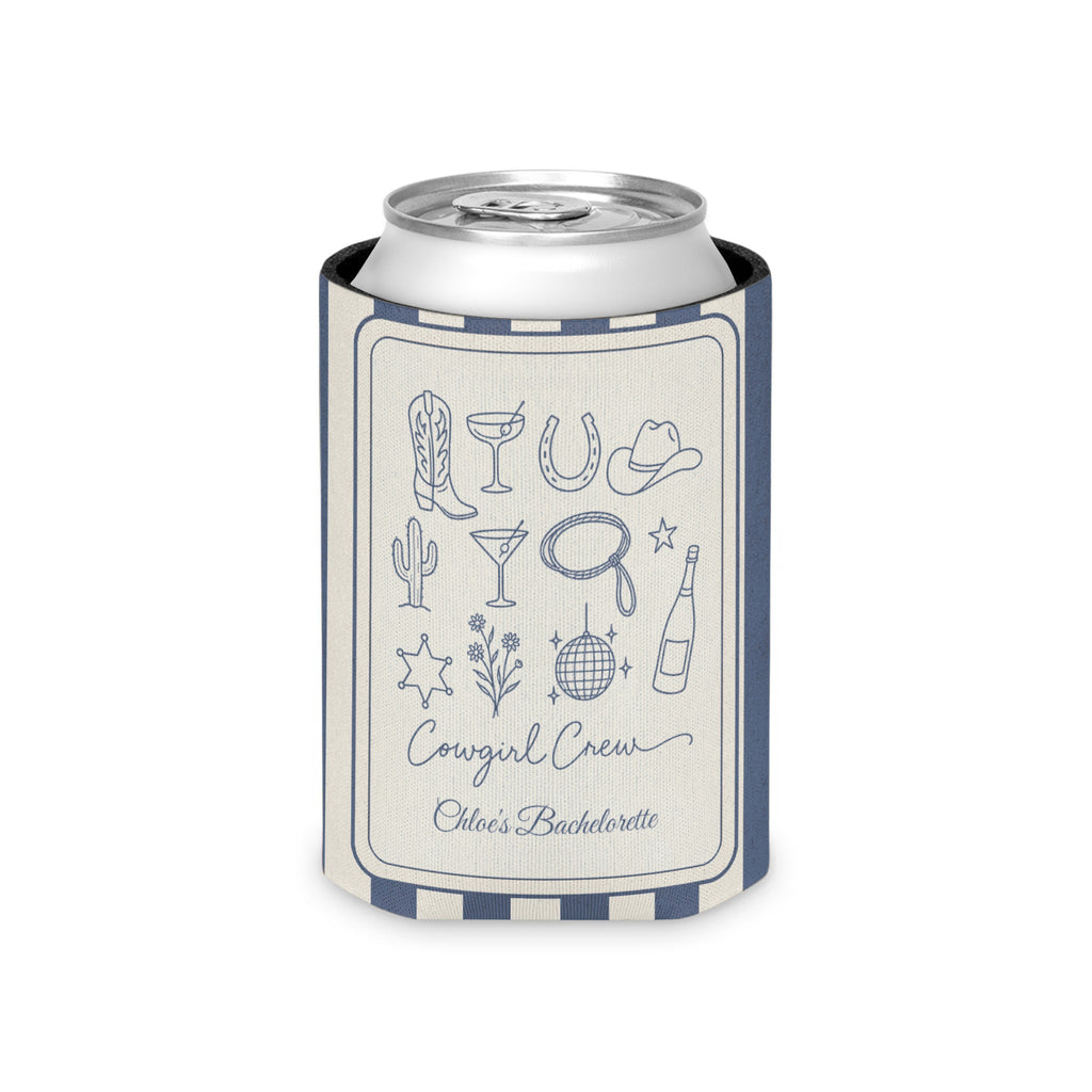 Cowgirl Bride & Crew striped can cooler, Blue Jean