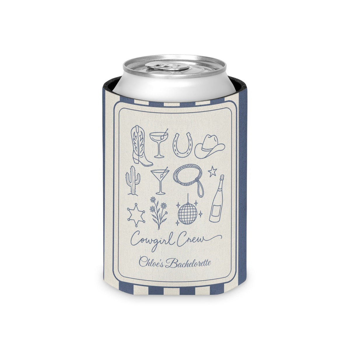 Cowgirl Bride & Crew striped can cooler, Blue Jean