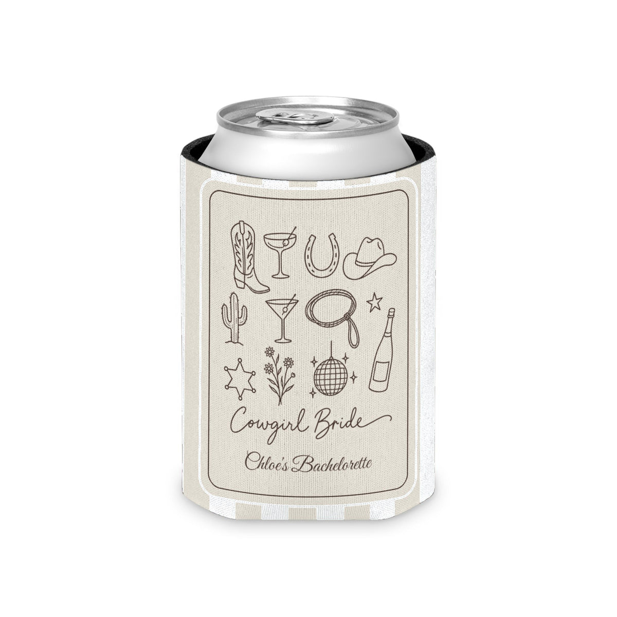 Cowgirl Bride & Crew striped can cooler, Bride