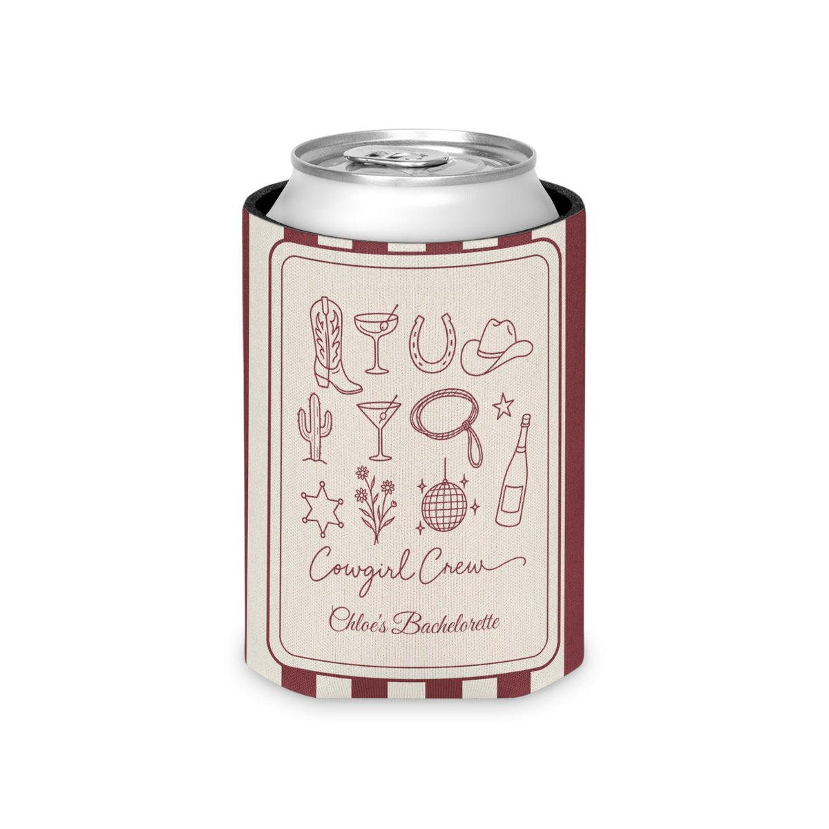Cowgirl Bride & Crew striped can cooler, Chili
