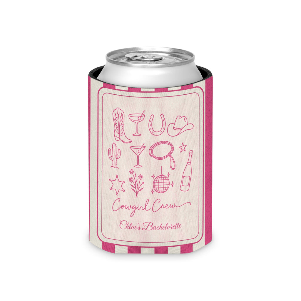 Cowgirl Bride & Crew striped can cooler, Crunchberry