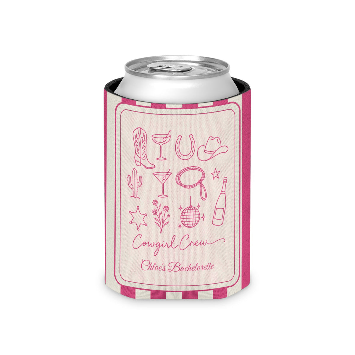 Cowgirl Bride & Crew striped can cooler, Crunchberry
