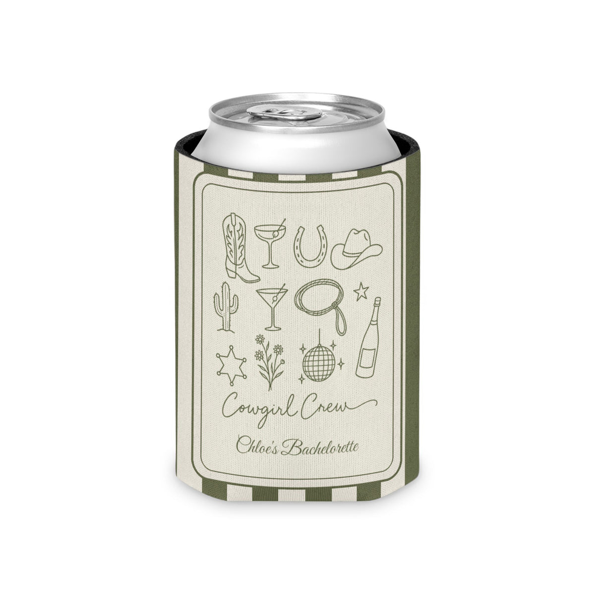 Cowgirl Bride & Crew striped can cooler, Moss