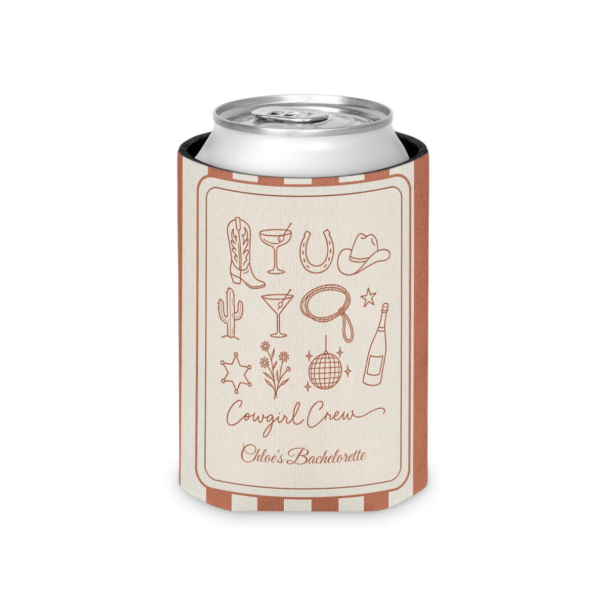 Cowgirl Bride & Crew striped can cooler, Terracotta