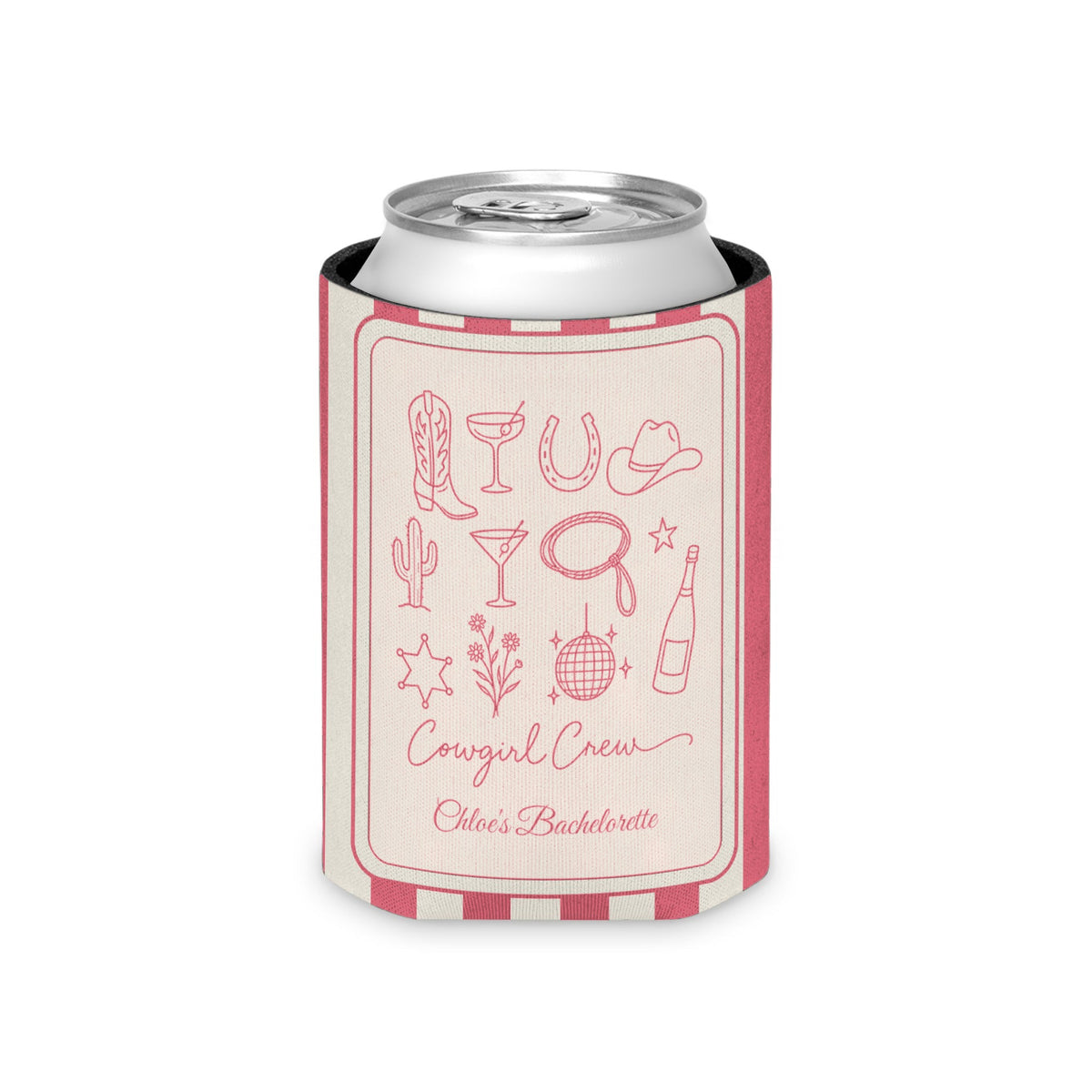 Cowgirl Bride & Crew striped can cooler, Watermelon