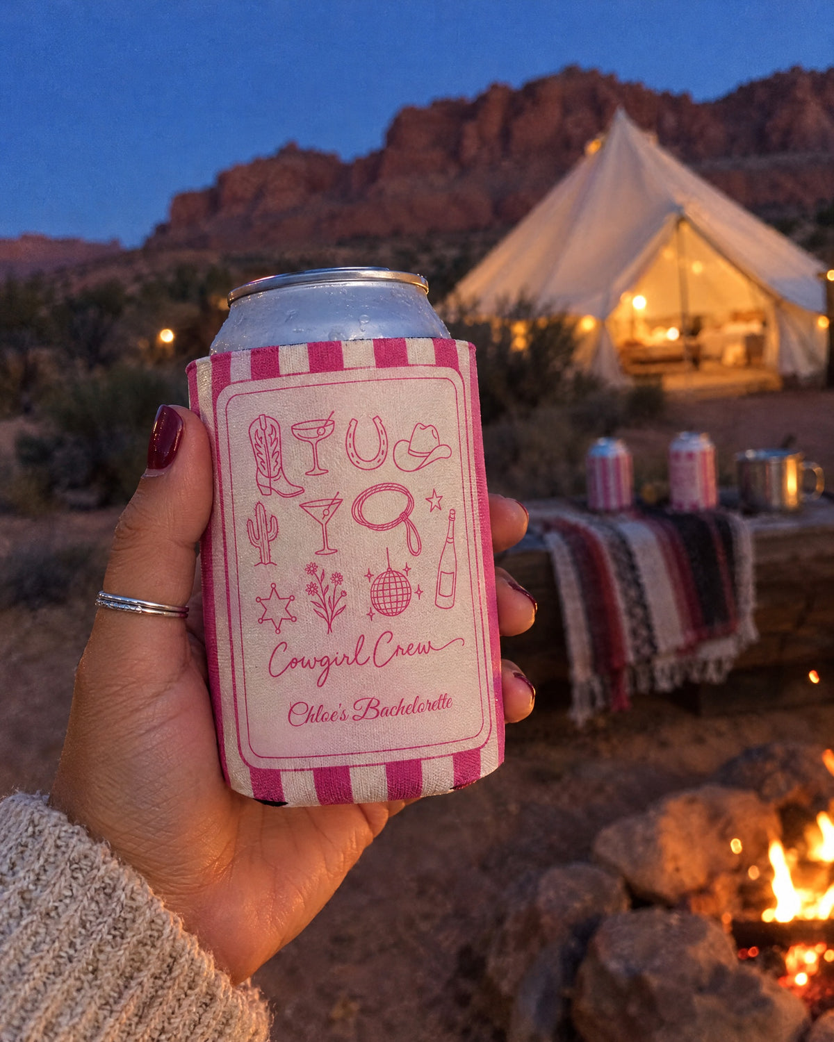 Cowgirl Bride & Crew can coolers on a bachelorette trip with the crew