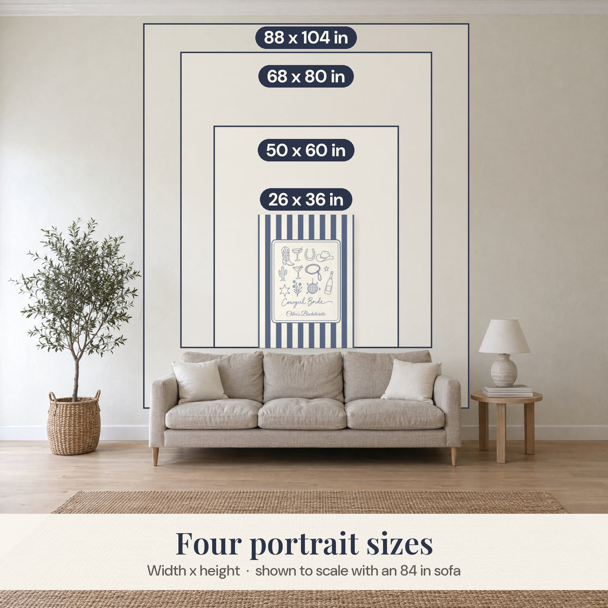 Portrait sizes over an 84 in sofa