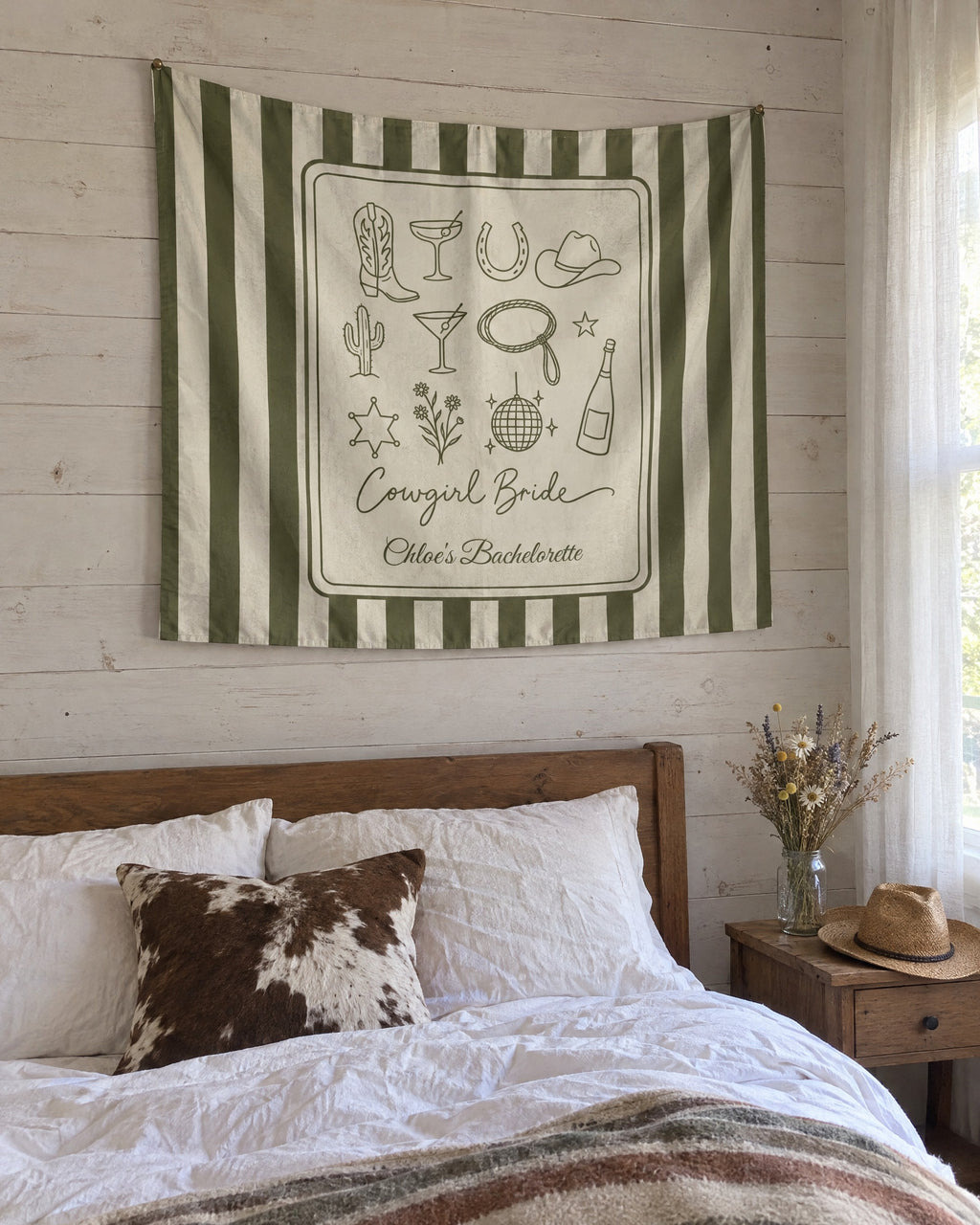 Cowgirl Bride & Crew wall tapestry on a bachelorette trip with the crew