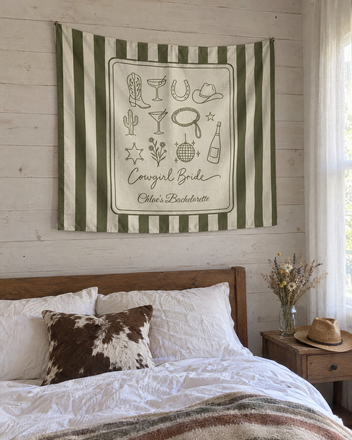 Cowgirl Bride & Crew wall tapestry on a bachelorette trip with the crew