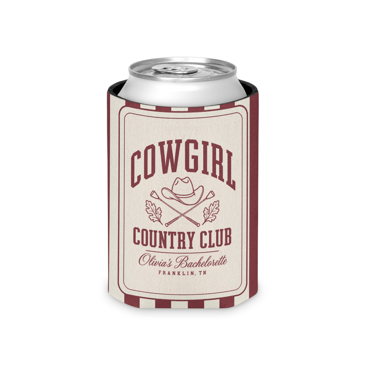Cowgirl Country Club striped can cooler, Chili