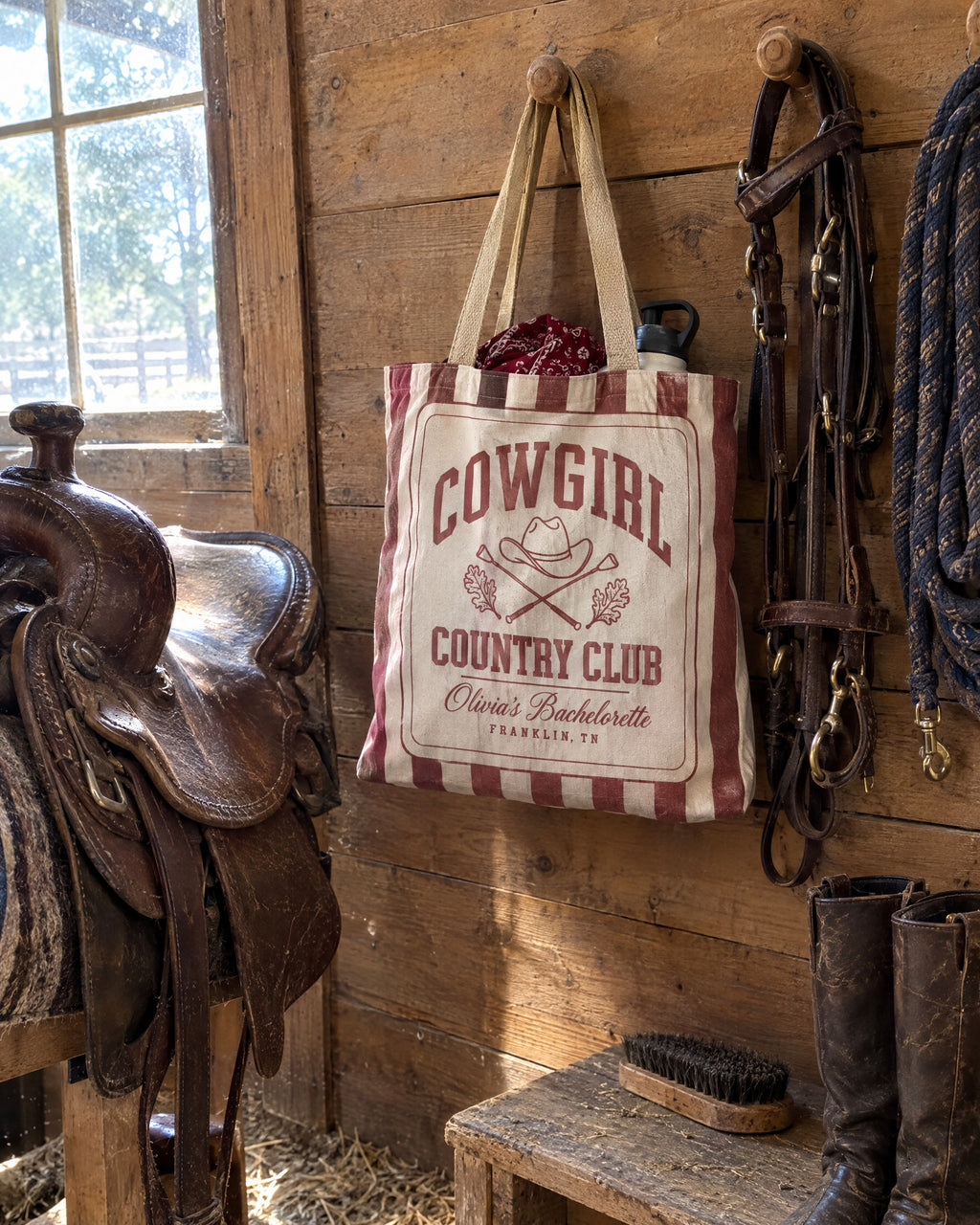 Cowgirl Country Club striped tote bag on a bachelorette trip with the crew