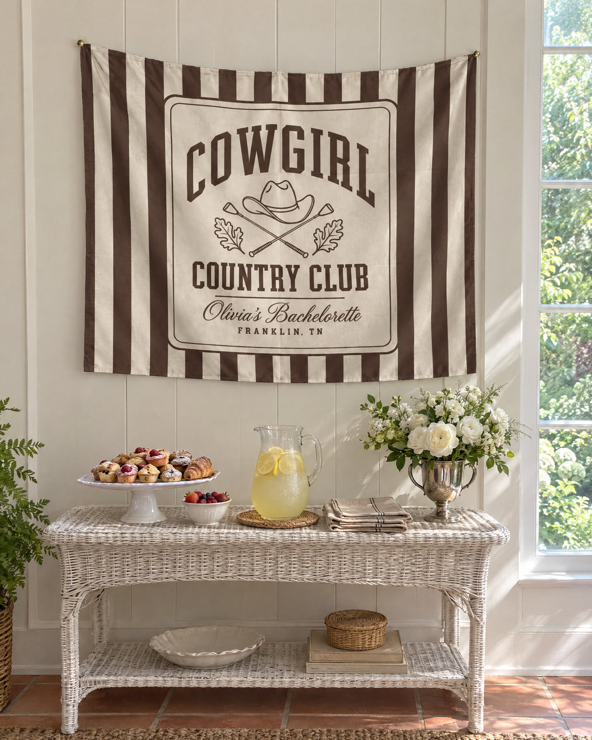 Cowgirl Country Club wall tapestry on a bachelorette trip with the crew