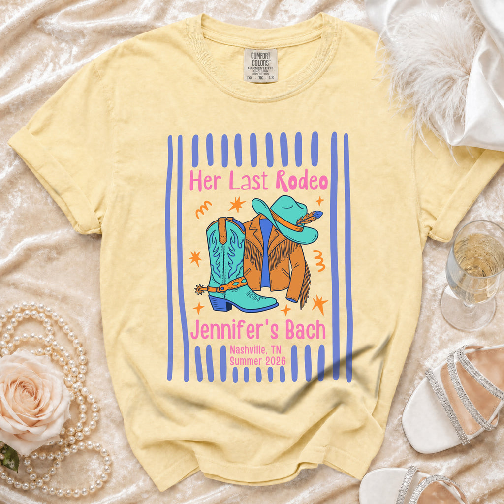 Yellow t-shirt with "Her Last Rodeo Jennifer's Bach" graphic.