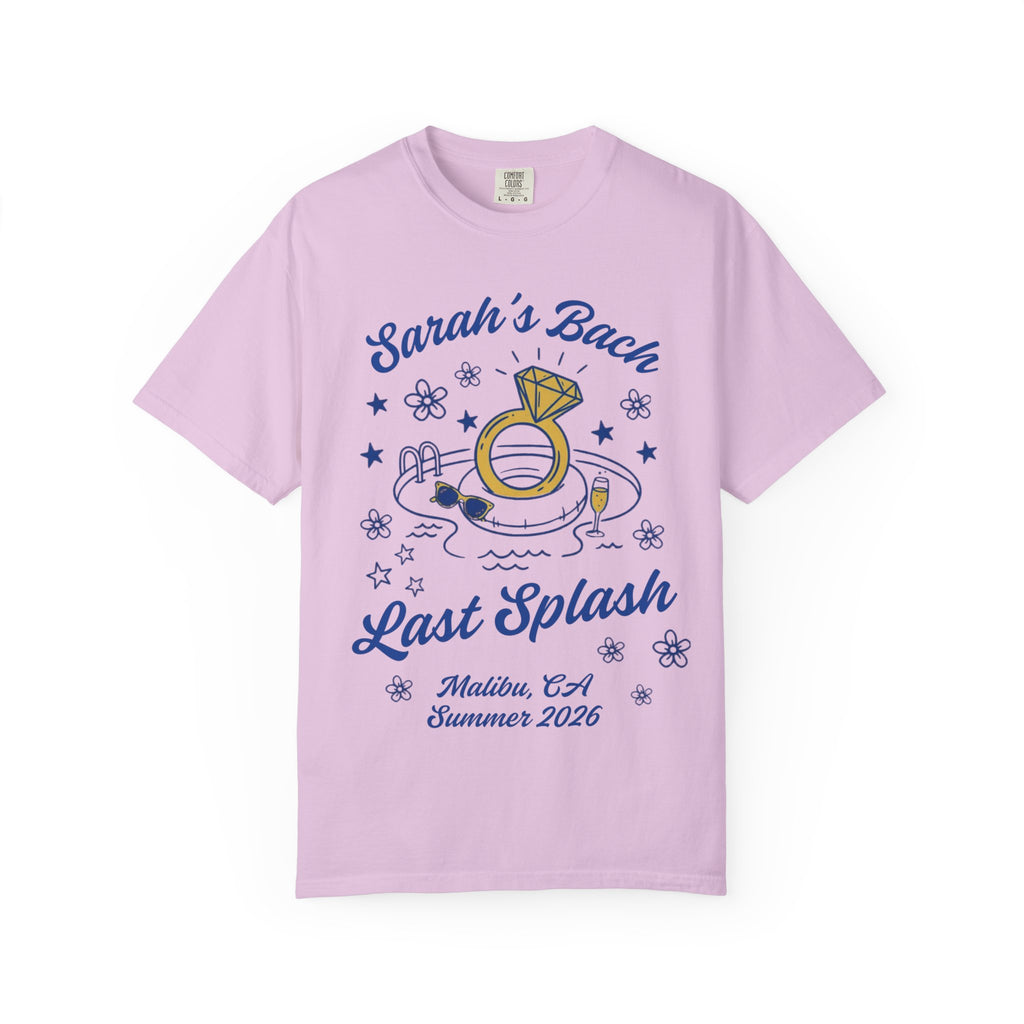 Pink t-shirt with "Sarah's Bach Last Splash" text and pool graphics.