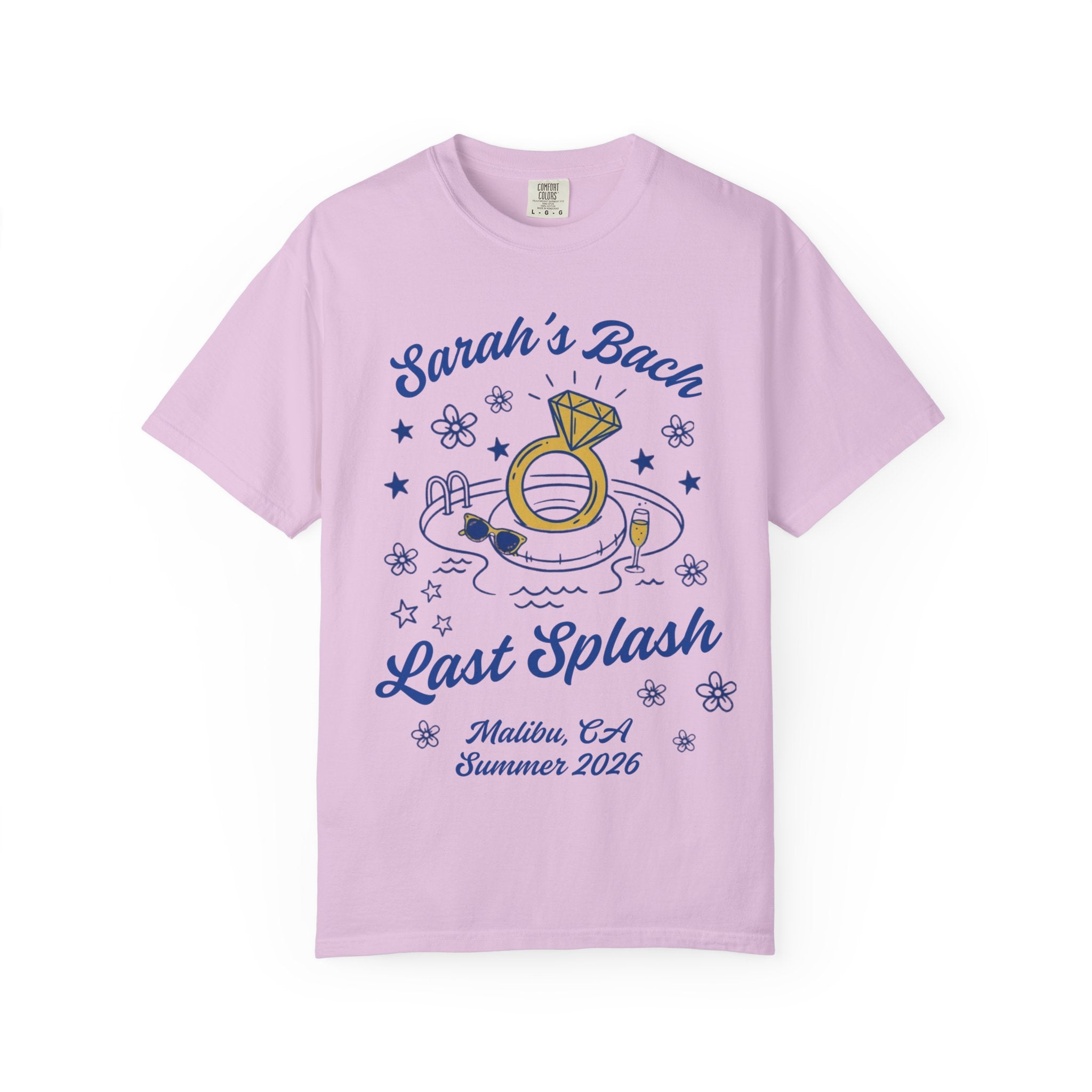 Pink t-shirt with "Sarah's Bach Last Splash" text and pool graphics.