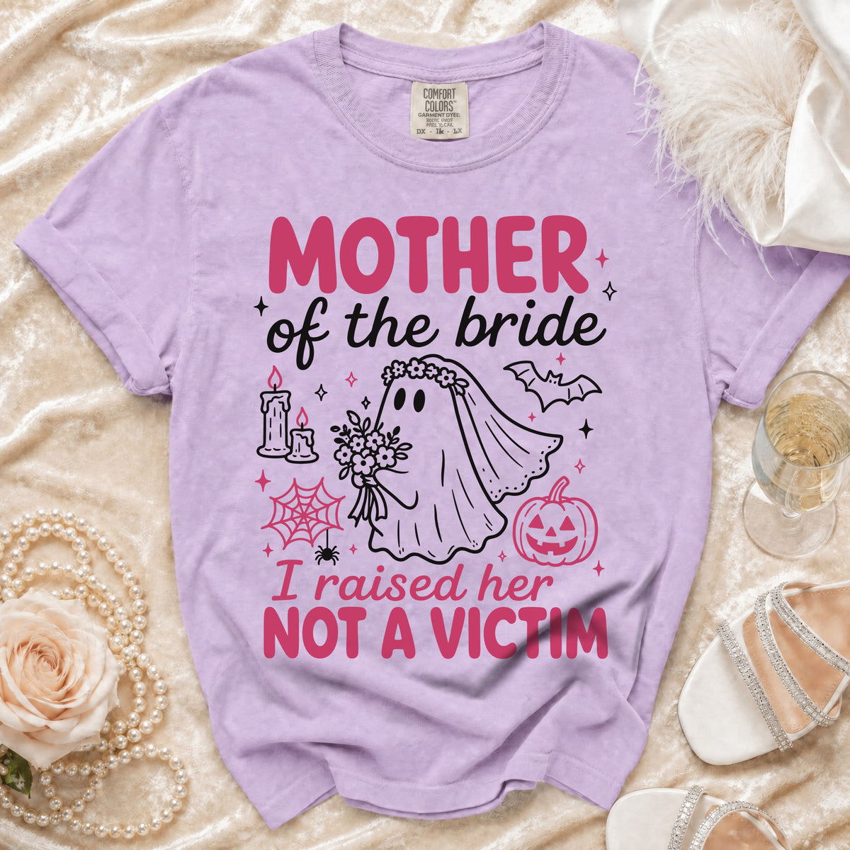 Purple t-shirt with "MOTHER of the bride I raised her NOT A VICTIM" text and ghost bride graphic.
