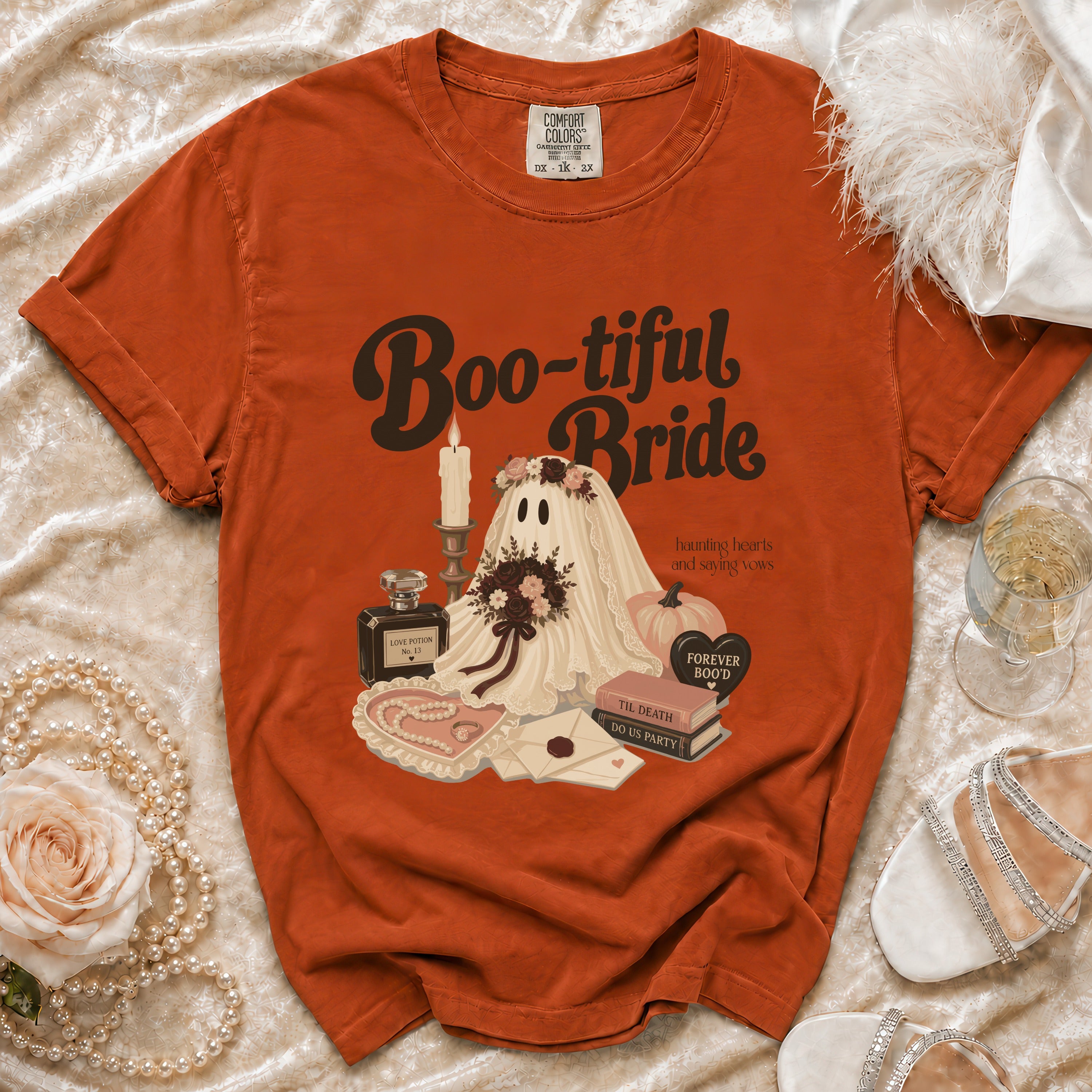 Orange t-shirt with "Boo-tiful Bride" ghost graphic, with wedding items.