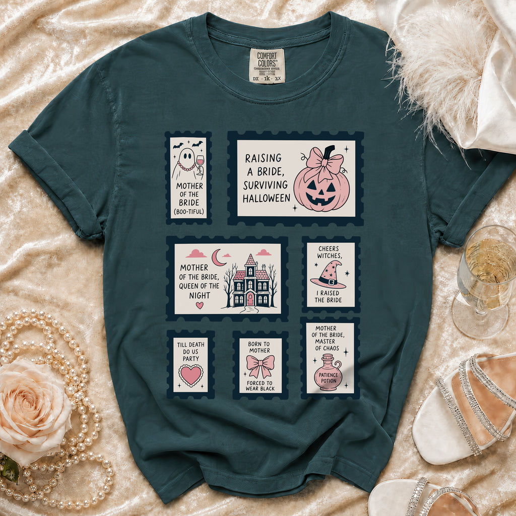 Teal t-shirt with stamp graphics about being mother of the bride.